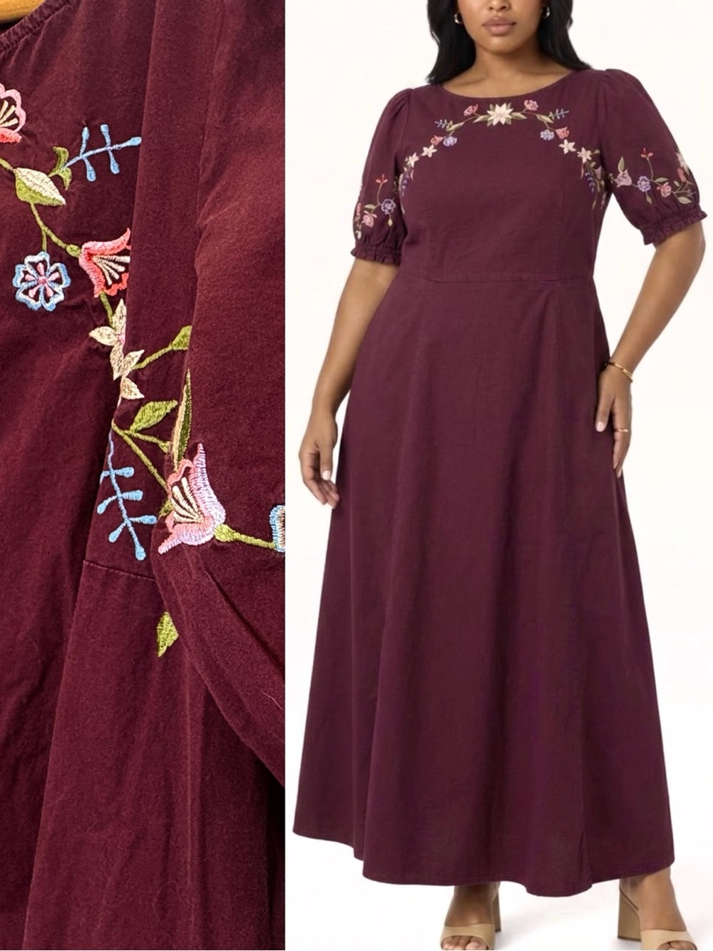 Eshakti Custom Floral Embroidered Puff Sleeve Maxi Dress Size 18/20 Cottagecore